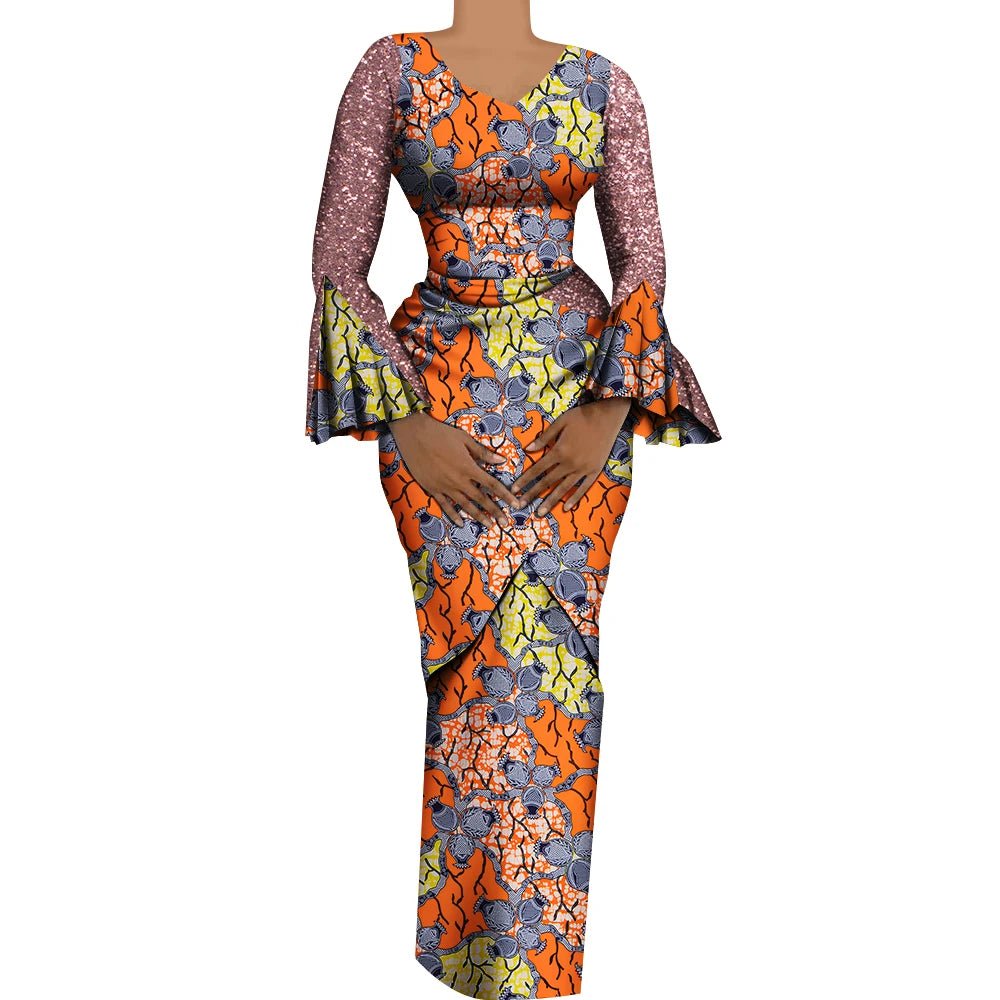 Women African Outfits 2 Pieces Set Shiny Flare Sleeves V Neck Tops and Long Pencil Skirts African Clothes for Women WY9972 - Free Delivery Worldwide only at Flexi Africa