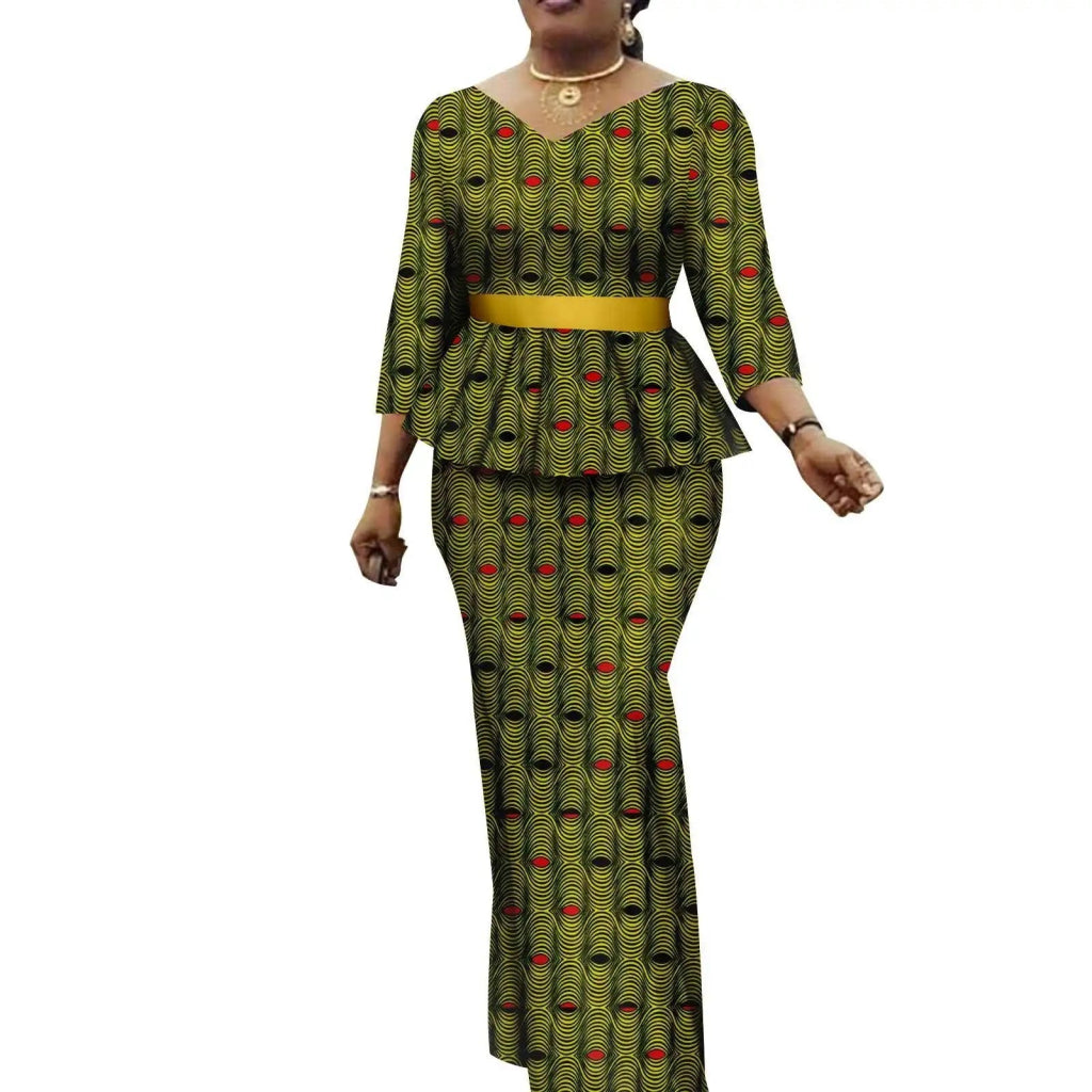 Women’s African Ankara 2PC Set Crop Top Maxi Skirt Belted Traditional Outfit - Free Delivery Worldwide only at Flexi Africa
