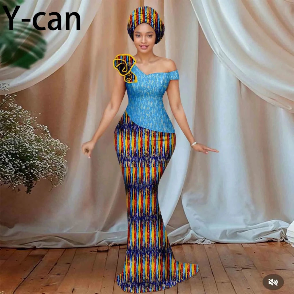 Women’s African Ankara Floral Gown – One - Shoulder Sexy Party Dress with Matching Headscarf - Free Delivery Worldwide only at Flexi Africa