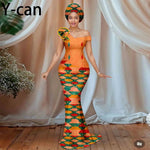 Women’s African Ankara Floral Gown – One - Shoulder Sexy Party Dress with Matching Headscarf - Free Delivery Worldwide only at Flexi Africa
