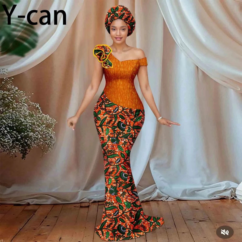 Women’s African Ankara Floral Gown – One - Shoulder Sexy Party Dress with Matching Headscarf - Free Delivery Worldwide only at Flexi Africa