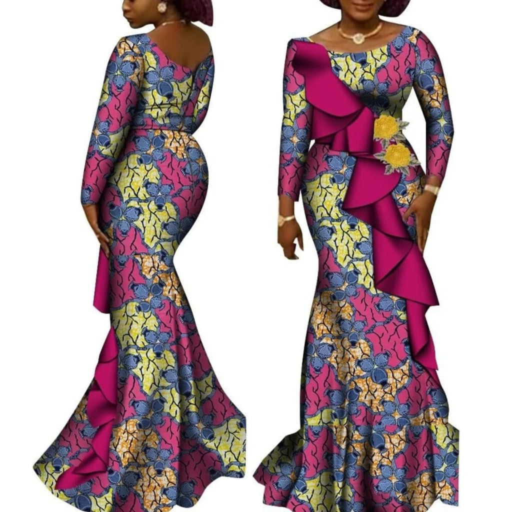Women’s African Ankara Long Sleeve Dress – Cotton Dashiki Wedding Gown - Free Delivery Worldwide only at Flexi Africa