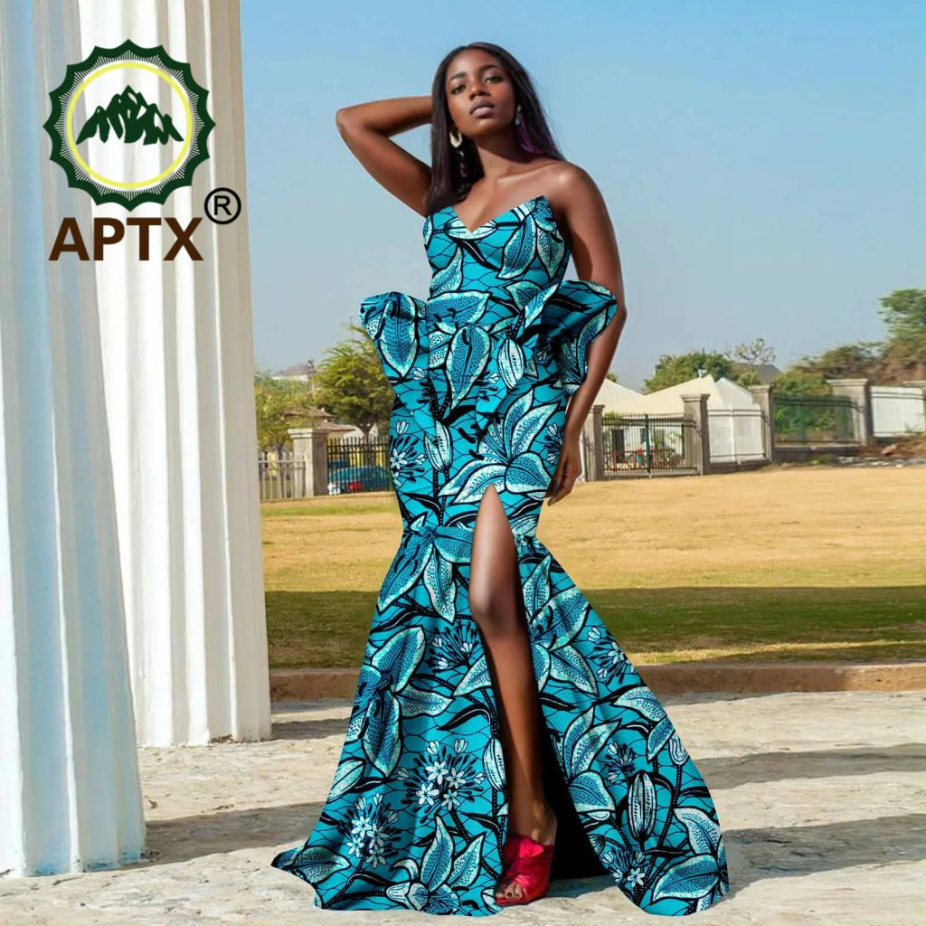 Women’s African Ankara Strapless Dress – Elegant High - Waist Slit Dashiki Party Gown - Free Delivery Worldwide only at Flexi Africa