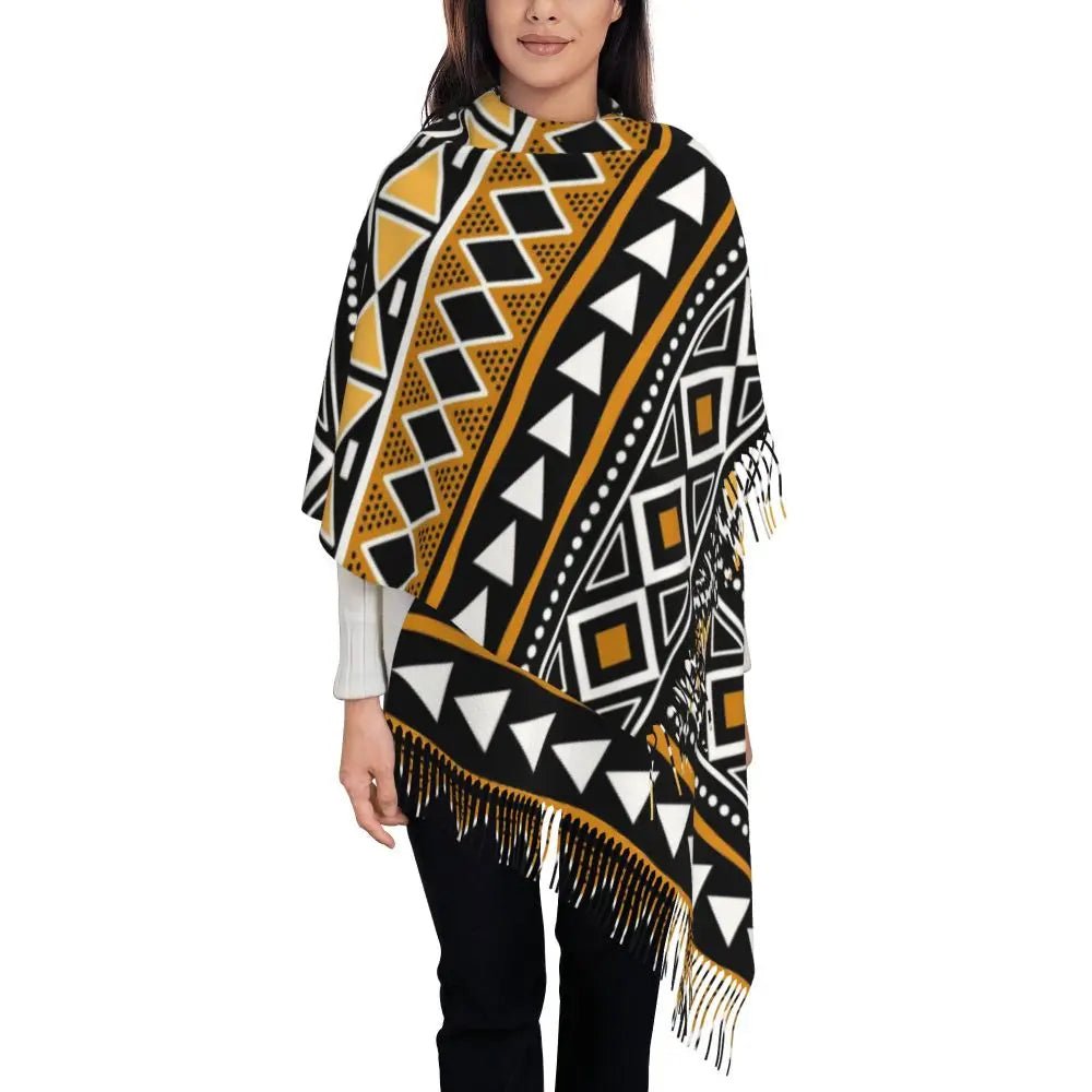 Women’s African Bogolan Tassel Shawl – Warm Tribal Art Scarf & Winter Wrap - Free Delivery Worldwide only at Flexi Africa