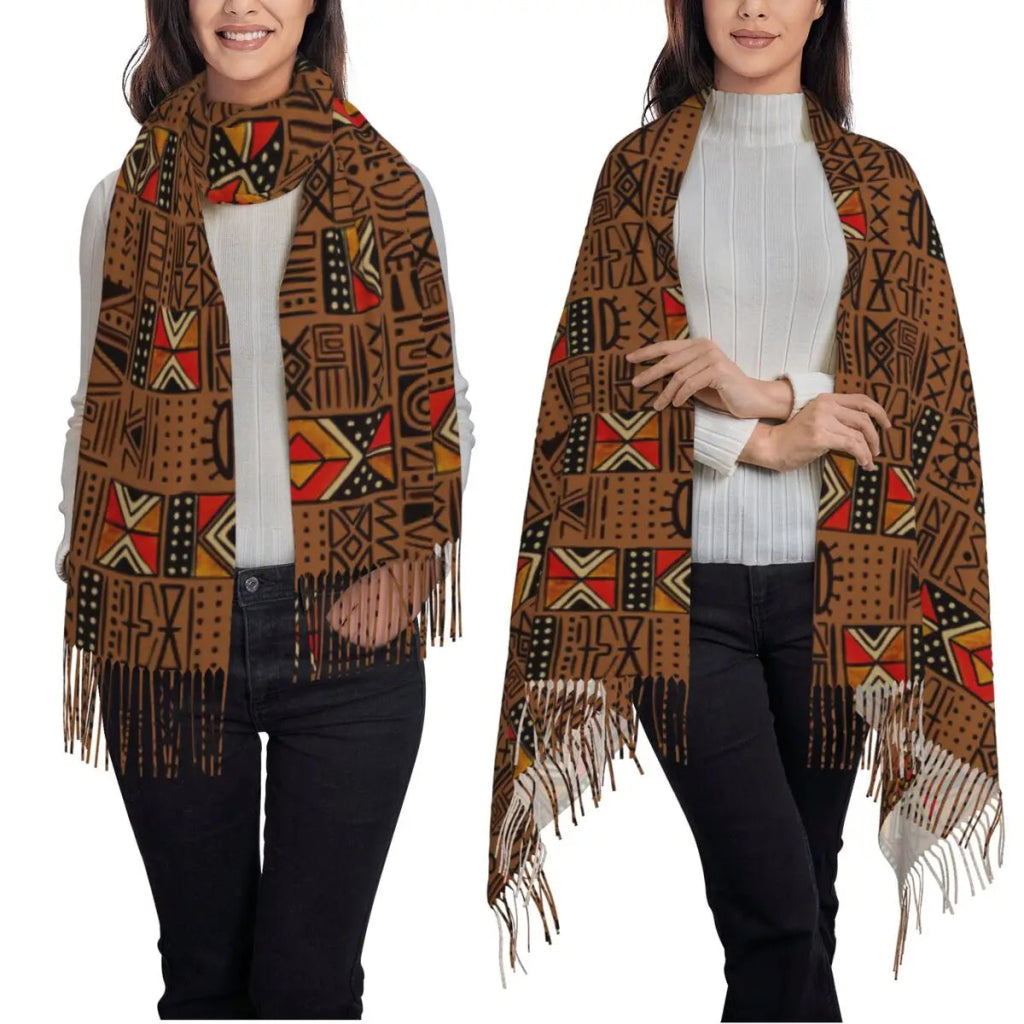 Women’s African Bogolan Tassel Shawl – Warm Tribal Art Scarf & Winter Wrap - Free Delivery Worldwide only at Flexi Africa