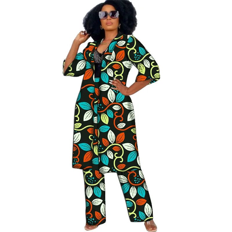 Women’s African Couture Trench Set – Collarless 3/4 Sleeve Print Windbreaker Cardigan with Pants - Free Delivery Worldwide only at Flexi Africa
