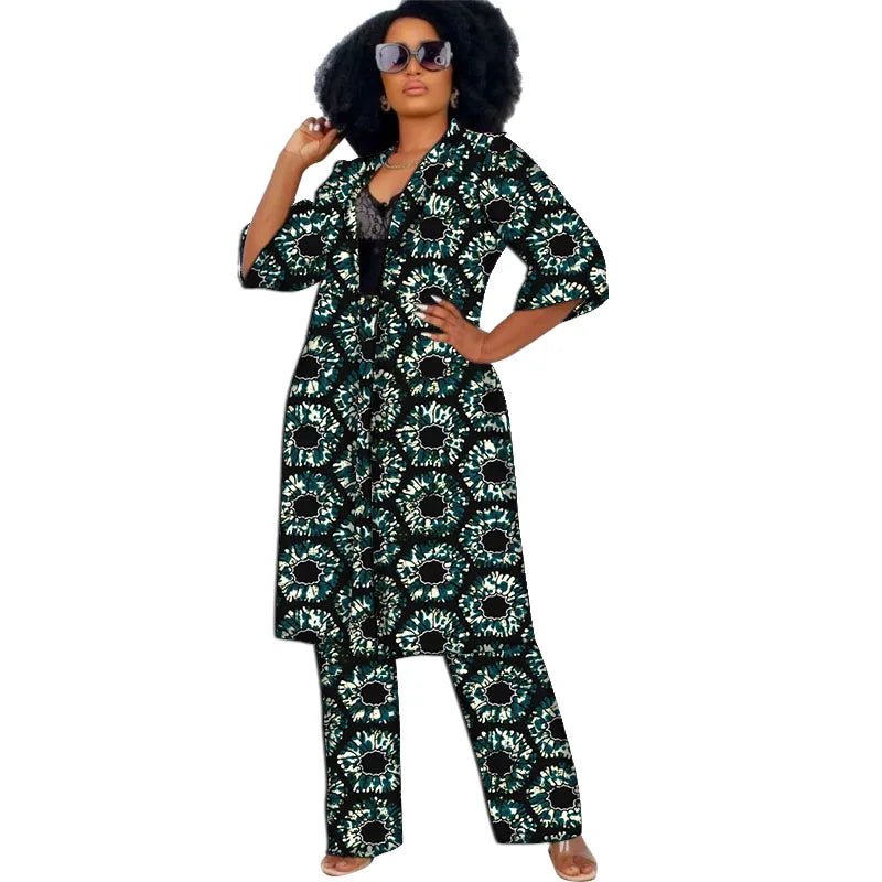 Women’s African Couture Trench Set – Collarless 3/4 Sleeve Print Windbreaker Cardigan with Pants - Free Delivery Worldwide only at Flexi Africa