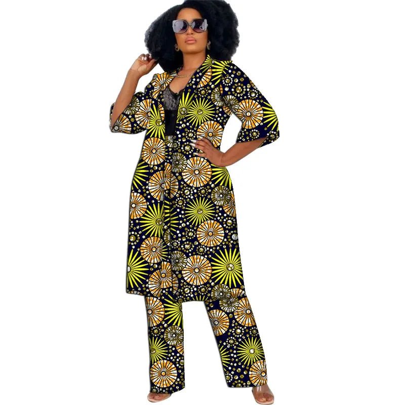Women’s African Couture Trench Set – Collarless 3/4 Sleeve Print Windbreaker Cardigan with Pants - Free Delivery Worldwide only at Flexi Africa