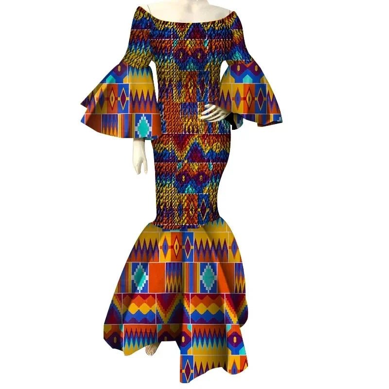 Women’s African Print Ankara Long Dress – Stretch Fit with Ruffle Sleeves - Free Delivery Worldwide only at Flexi Africa