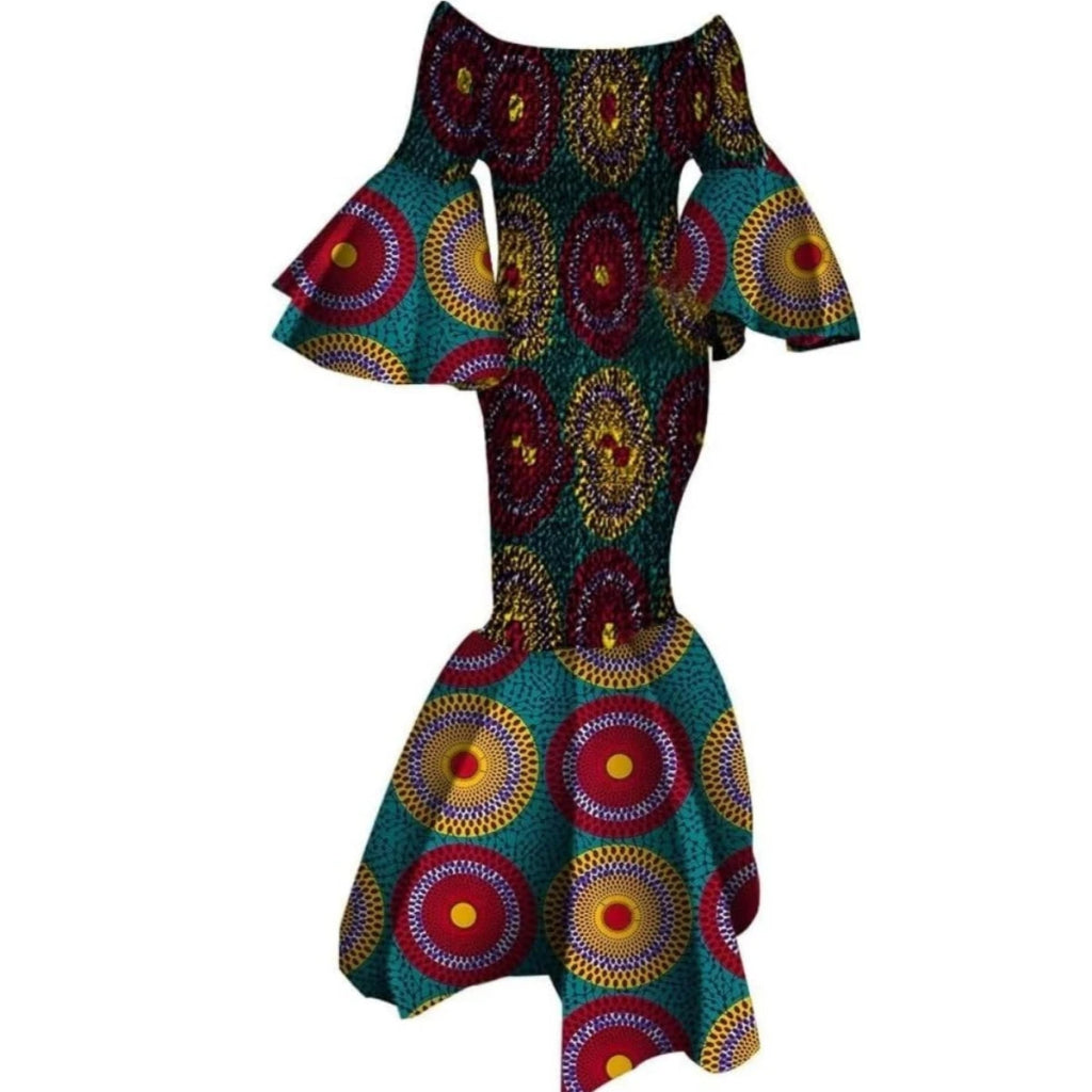 Women’s African Print Ankara Long Dress – Stretch Fit with Ruffle Sleeves - Free Delivery Worldwide only at Flexi Africa