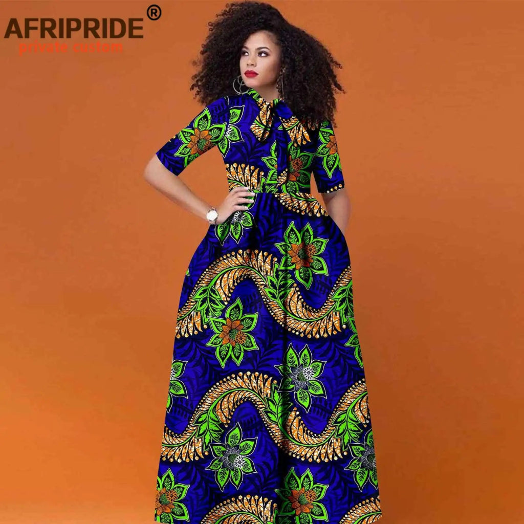 Women’s African Print Maxi Dress – Traditional High Waist Ankara Half Sleeve Attire - Free Delivery Worldwide only at Flexi Africa