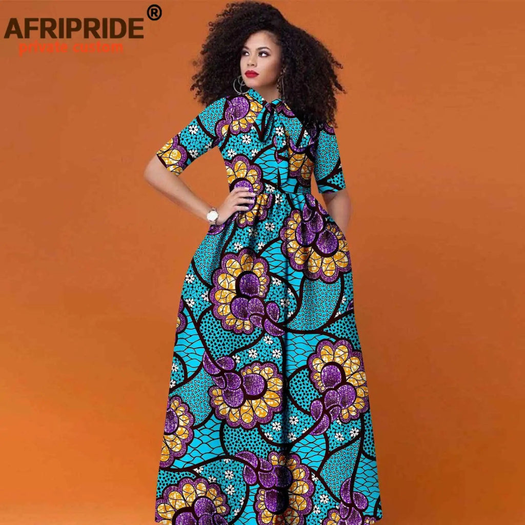Women’s African Print Maxi Dress – Traditional High Waist Ankara Half Sleeve Attire - Free Delivery Worldwide only at Flexi Africa