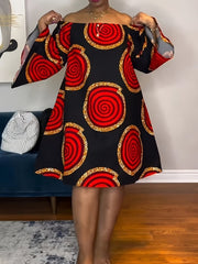Buy Women's Elegant Off-Shoulder Dress with Bold Red & Golden Circular Print for only $15.87 at Flexi Africa!