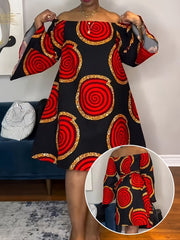 Buy Women's Elegant Off-Shoulder Dress with Bold Red & Golden Circular Print for only $15.87 at Flexi Africa!