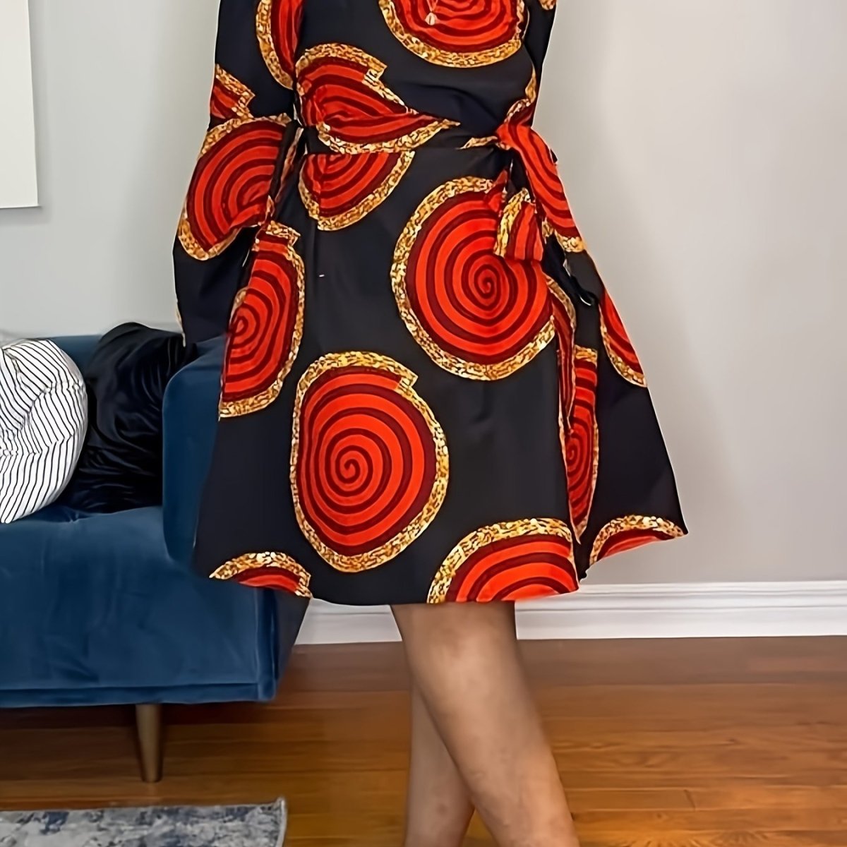 Buy Women's Elegant Off-Shoulder Dress with Bold Red & Golden Circular Print for only $15.87 at Flexi Africa!
