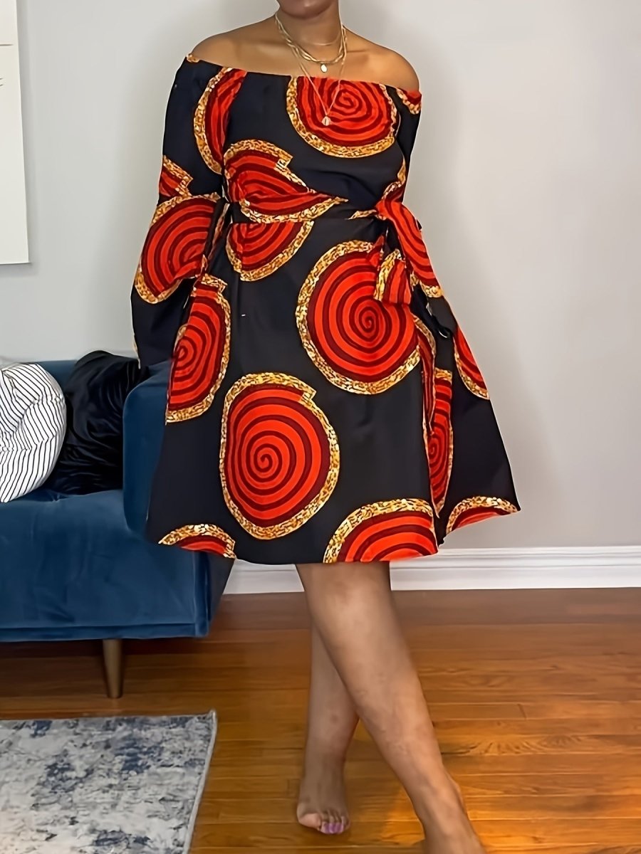 Buy Women's Elegant Off-Shoulder Dress with Bold Red & Golden Circular Print for only $15.87 at Flexi Africa!