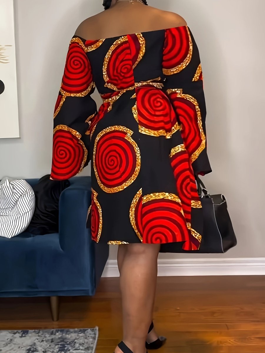 Buy Women's Elegant Off-Shoulder Dress with Bold Red & Golden Circular Print for only $15.87 at Flexi Africa!