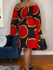 Buy Women's Elegant Off-Shoulder Dress with Bold Red & Golden Circular Print for only $15.87 at Flexi Africa!