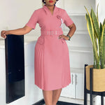 Women’s Elegant V - Neck African Dress – Short Sleeve, Belted Pleated Waist & 3D Floral Accents - Free Delivery Worldwide only at Flexi Africa