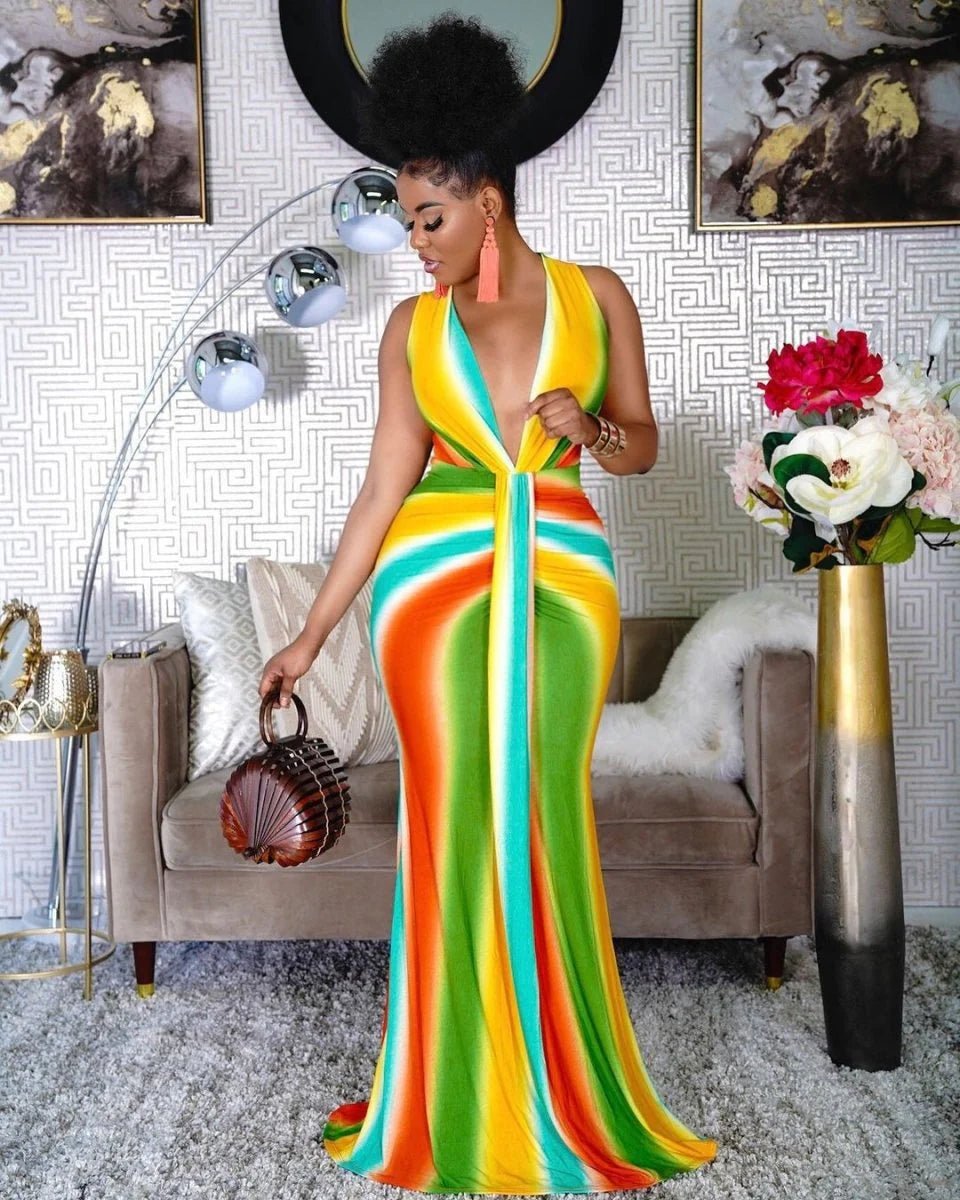 Women's High Waist V - Neck African Print Maxi Dress – Elegant Bodycon Gown for Summer Evening Parties - Free Delivery Worldwide only at Flexi Africa