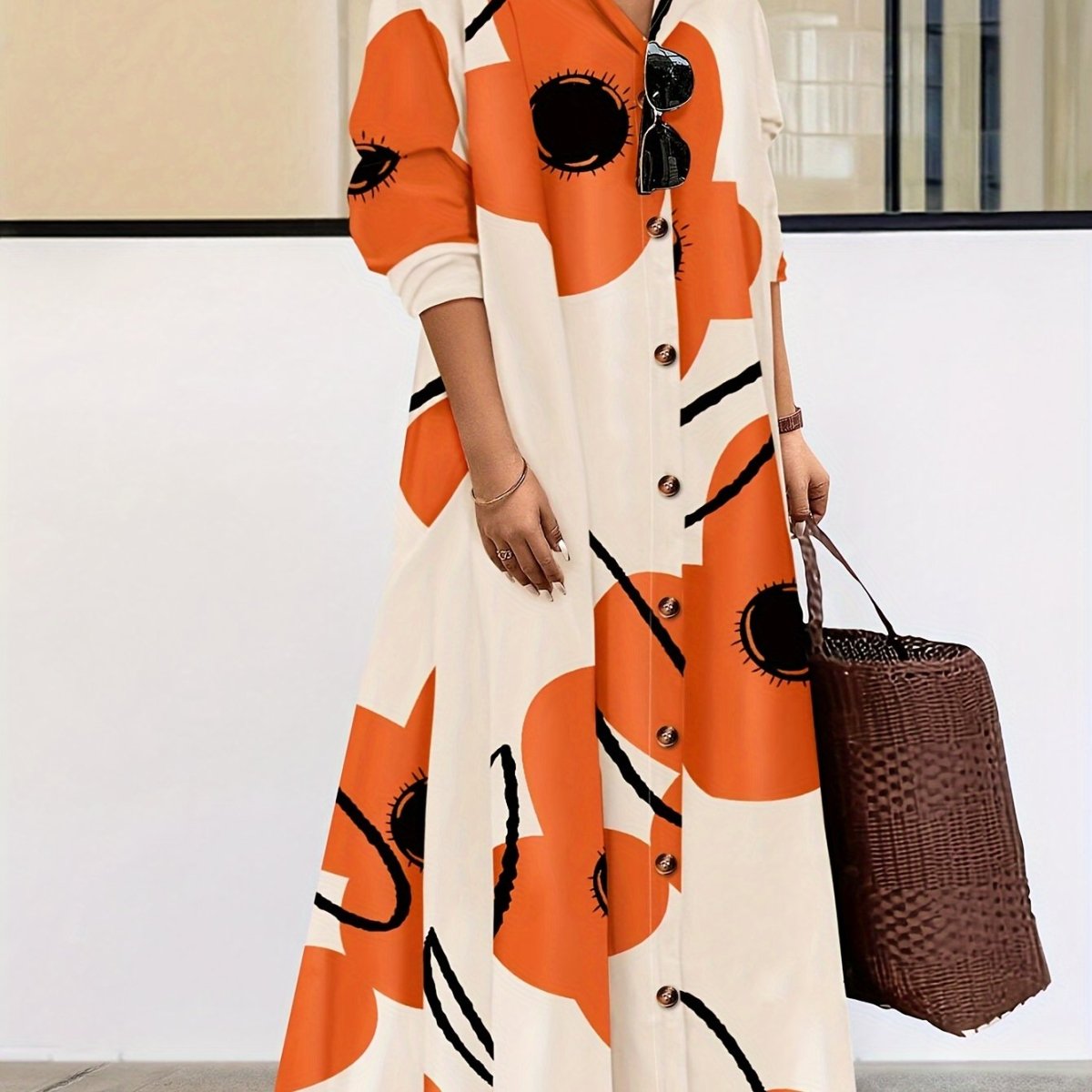 Women's Plus Size Floral Print Button - Down Shirt Dress with Flap Collar – Long Sleeve, Woven Polyester - Free Delivery Worldwide only at Flexi Africa