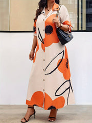 Women's Plus Size Floral Print Button - Down Shirt Dress with Flap Collar – Long Sleeve, Woven Polyester - Free Delivery Worldwide only at Flexi Africa