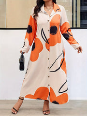 Women's Plus Size Floral Print Button - Down Shirt Dress with Flap Collar – Long Sleeve, Woven Polyester - Free Delivery Worldwide only at Flexi Africa
