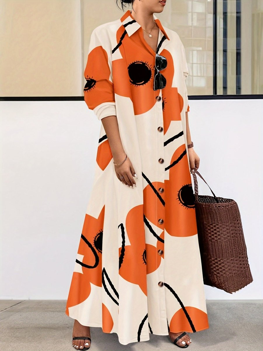 Women's Plus Size Floral Print Button - Down Shirt Dress with Flap Collar – Long Sleeve, Woven Polyester - Free Delivery Worldwide only at Flexi Africa