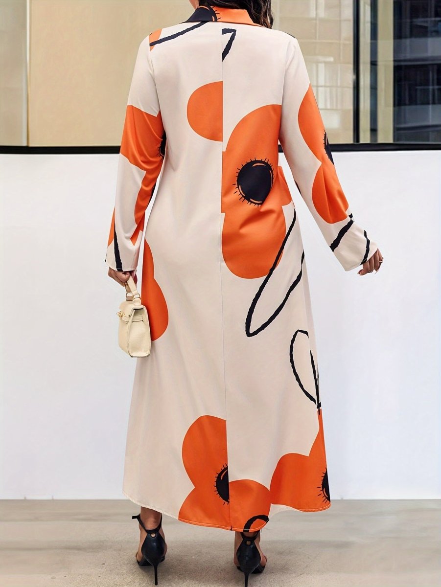 Women's Plus Size Floral Print Button - Down Shirt Dress with Flap Collar – Long Sleeve, Woven Polyester - Free Delivery Worldwide only at Flexi Africa