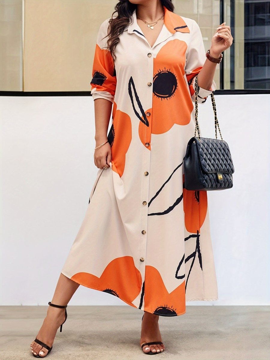Women's Plus Size Floral Print Button - Down Shirt Dress with Flap Collar – Long Sleeve, Woven Polyester - Free Delivery Worldwide only at Flexi Africa