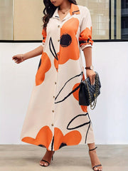 Women's Plus Size Floral Print Button - Down Shirt Dress with Flap Collar – Long Sleeve, Woven Polyester - Free Delivery Worldwide only at Flexi Africa