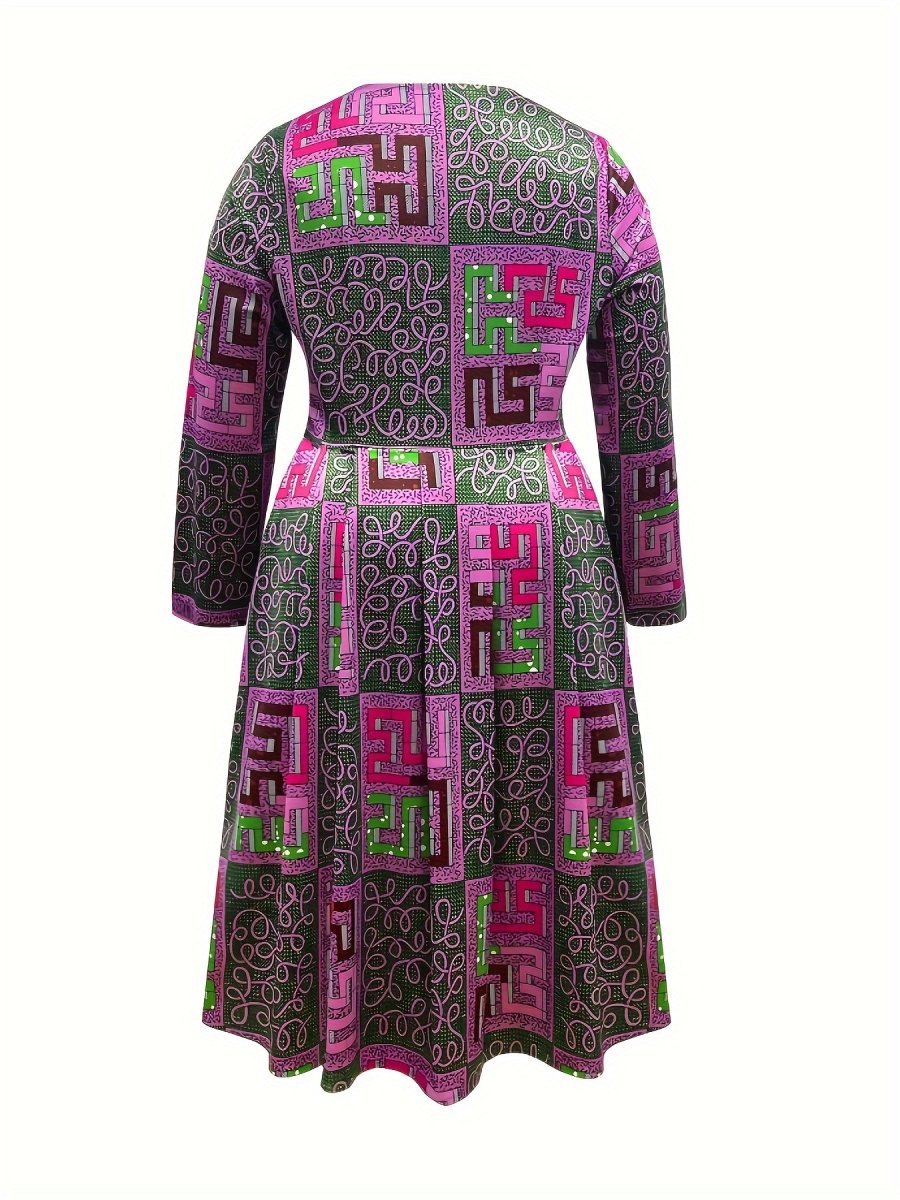 Women's Plus Size Geometric Print Zipper Dress, Elegant Round Neck, Polyester, Stretch Fabric, Spring/Autumn Fashion, Sleeveless, A - Line, Woven - Free Delivery Worldwide only at Flexi Africa