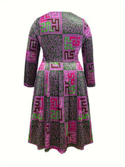 Women's Plus Size Geometric Print Zipper Dress, Elegant Round Neck, Polyester, Stretch Fabric, Spring/Autumn Fashion, Sleeveless, A - Line, Woven - Free Delivery Worldwide only at Flexi Africa