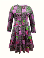 Women's Plus Size Geometric Print Zipper Dress, Elegant Round Neck, Polyester, Stretch Fabric, Spring/Autumn Fashion, Sleeveless, A - Line, Woven - Free Delivery Worldwide only at Flexi Africa