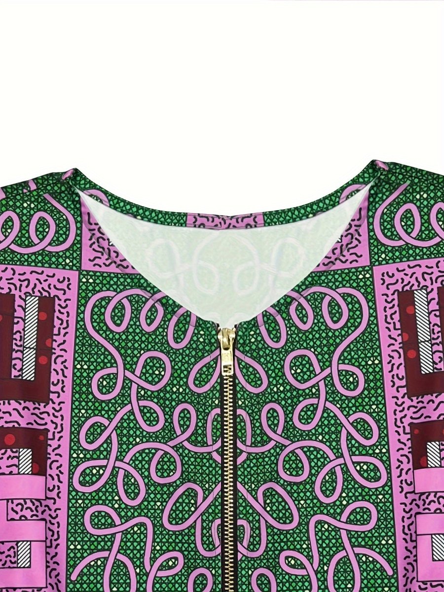 Women's Plus Size Geometric Print Zipper Dress, Elegant Round Neck, Polyester, Stretch Fabric, Spring/Autumn Fashion, Sleeveless, A - Line, Woven - Free Delivery Worldwide only at Flexi Africa