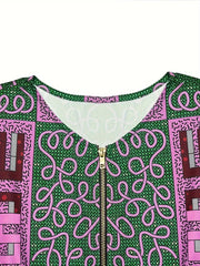 Women's Plus Size Geometric Print Zipper Dress, Elegant Round Neck, Polyester, Stretch Fabric, Spring/Autumn Fashion, Sleeveless, A - Line, Woven - Free Delivery Worldwide only at Flexi Africa
