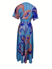 Women's Resort - Neck Cinched Waist Dress - Blue & Pink Abstract Wave Print - Free Delivery Worldwide only at Flexi Africa