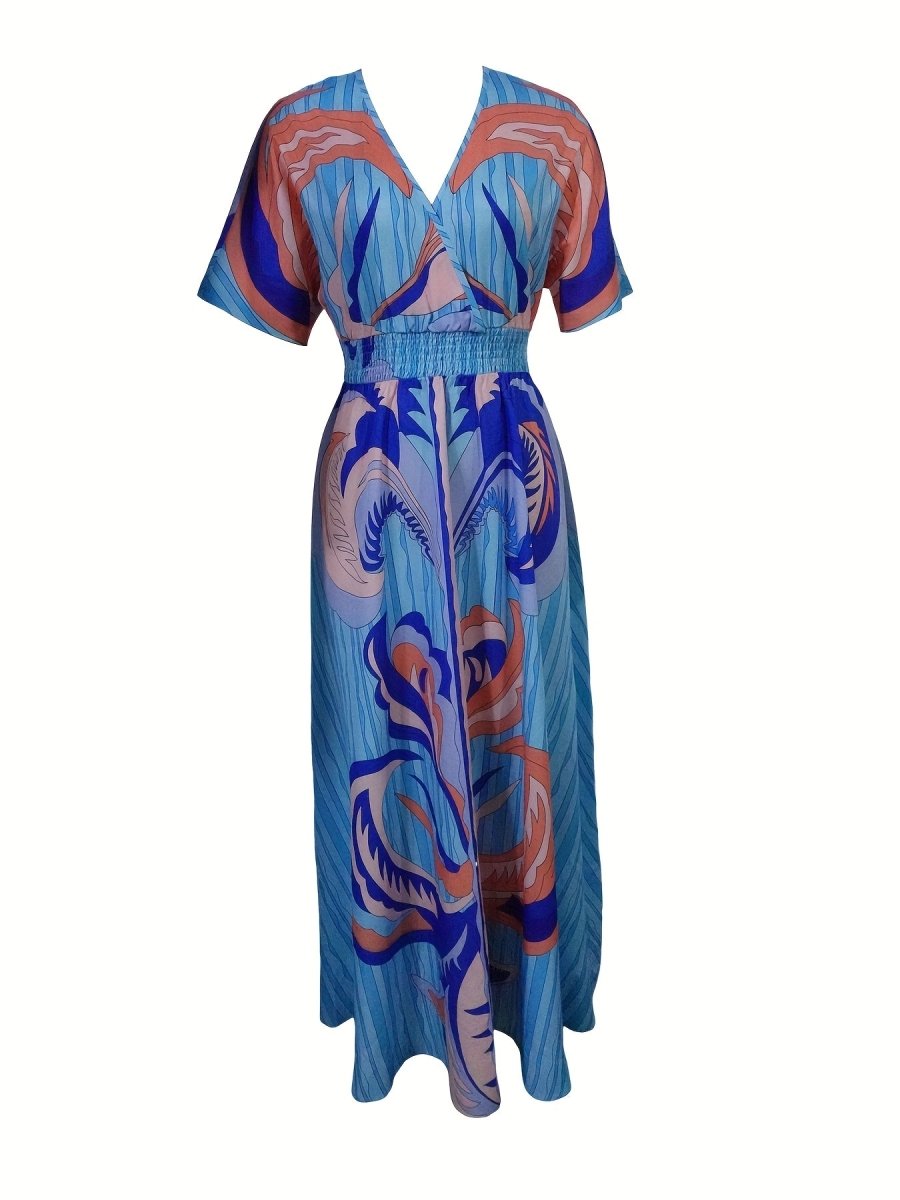 Women's Resort - Neck Cinched Waist Dress - Blue & Pink Abstract Wave Print - Free Delivery Worldwide only at Flexi Africa