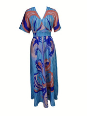 Women's Resort - Neck Cinched Waist Dress - Blue & Pink Abstract Wave Print - Free Delivery Worldwide only at Flexi Africa