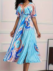 Women's Resort - Neck Cinched Waist Dress - Blue & Pink Abstract Wave Print - Free Delivery Worldwide only at Flexi Africa