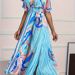 Women's Resort - Neck Cinched Waist Dress - Blue & Pink Abstract Wave Print - Free Delivery Worldwide only at Flexi Africa