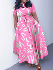 Women’s Spring/Summer African Print Dress – Loose Fit A - Line with Short Sleeves - Free Delivery Worldwide only at Flexi Africa
