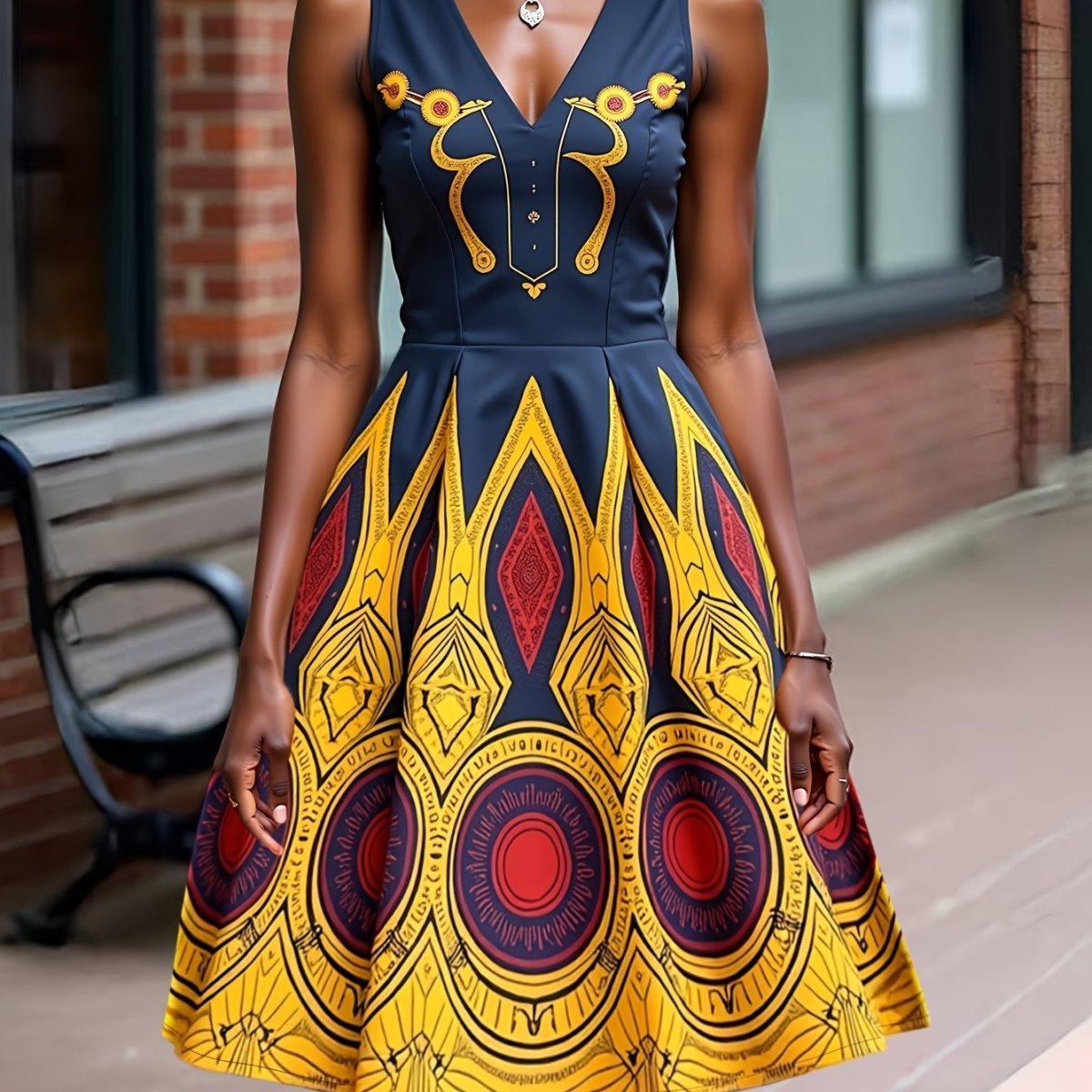Women's Vibrant Geometric Print Sleeveless V-Neck Dress for only $24.65! Perfect for a casual street style look.